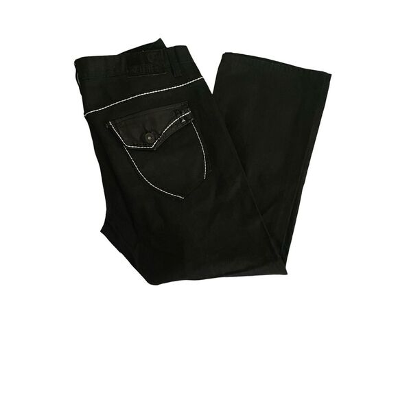 CLENCH Jeans Vtg‎ M Goth Rocker Skater Black Contrast Stitching Button Flap Pkts - Picture 1 of 14